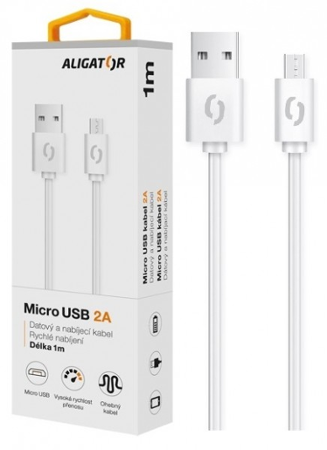 Aligator datový kabel 2A micro USB 1m, bílý