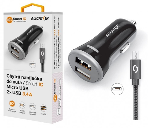 ALIGATOR MicroUSB 2xUSB 3.4A, smart IC, černá