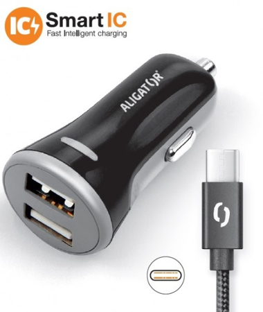 ALIGATOR USB-C 2xUSB výstup, 3.4A, smart IC, černá