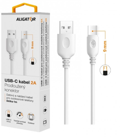 Aligator datový kabel , USB-C, 2A, 1m, konektor 9mm, bílý