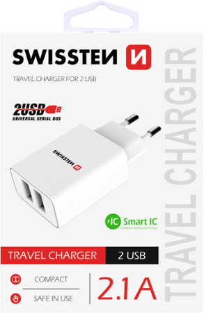 Swissten síťový adaptér Smart IC 2x USB 2,1A, bílá