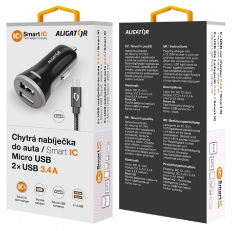 ALIGATOR MicroUSB 2xUSB 3.4A, smart IC, černá