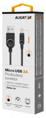Aligator datový kabel s prodlouženým micro USB, 2A, černý
