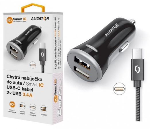 ALIGATOR USB-C 2xUSB výstup, 3.4A, smart IC, černá