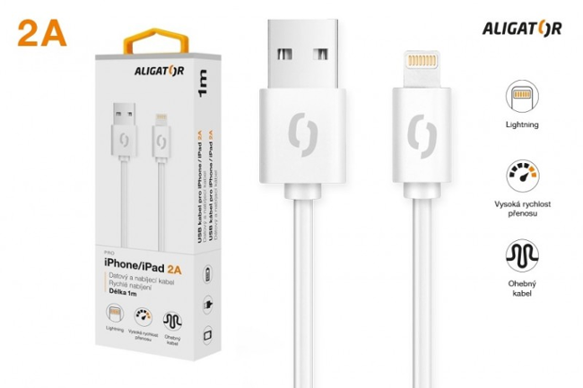 Aligator datový kabel 2A iPhone lightning 1m, bílý 