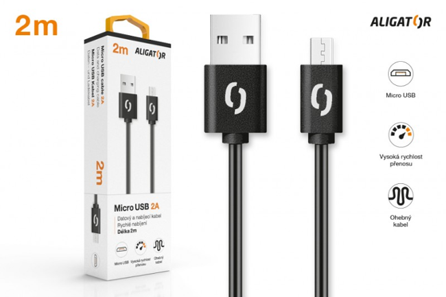 Aligator datový kabel 2A micro USB 2m, černý