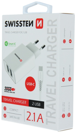 Swissten Smart IC 2x USB 2,1A + USB-C 1,2m, bílá