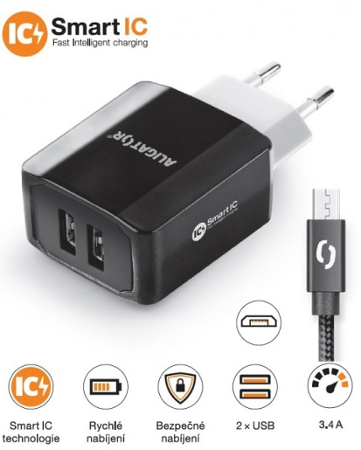 Aligator 3.4A, 2xUSB, smart IC, černá, micro USB kabel 2A