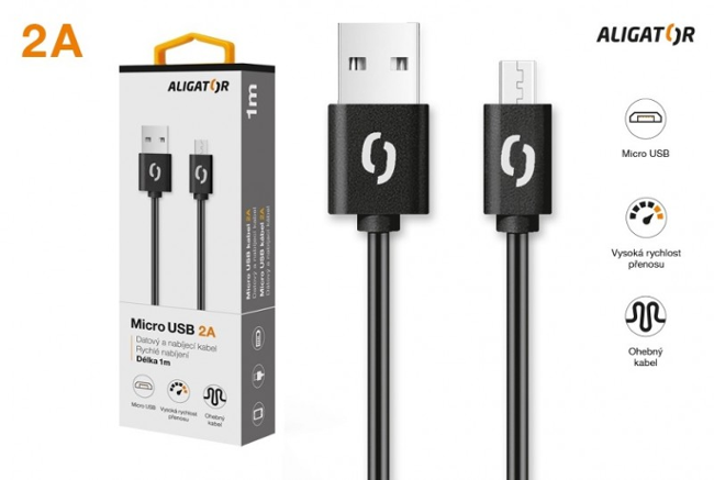 Aligator datový kabel 2A micro USB 1m, černý
