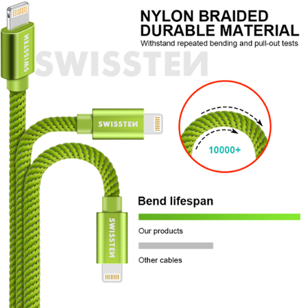 Swissten Textile USB / Lightning 1,2 m zelený