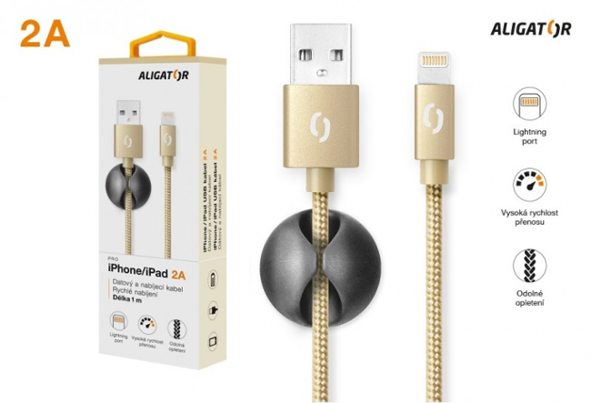 Aligator datový kabel PREMIUM 2A, Lightning zlatý
