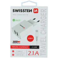 Swissten Smart IC 2x USB 2,1A + USB-C 1,2m, bílá